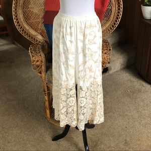Embroidered Cream & Tan Midi Skirt - Lace Border